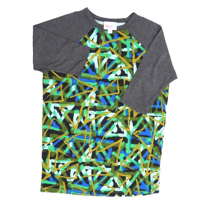 LuLaRoe Kids Sloan Size 08 (fits 7-8) Gemoteric Triangles Black White Blue Green Red with Gray Sleeves Unisex Baseball Raglan Tee SLOAN-08-H