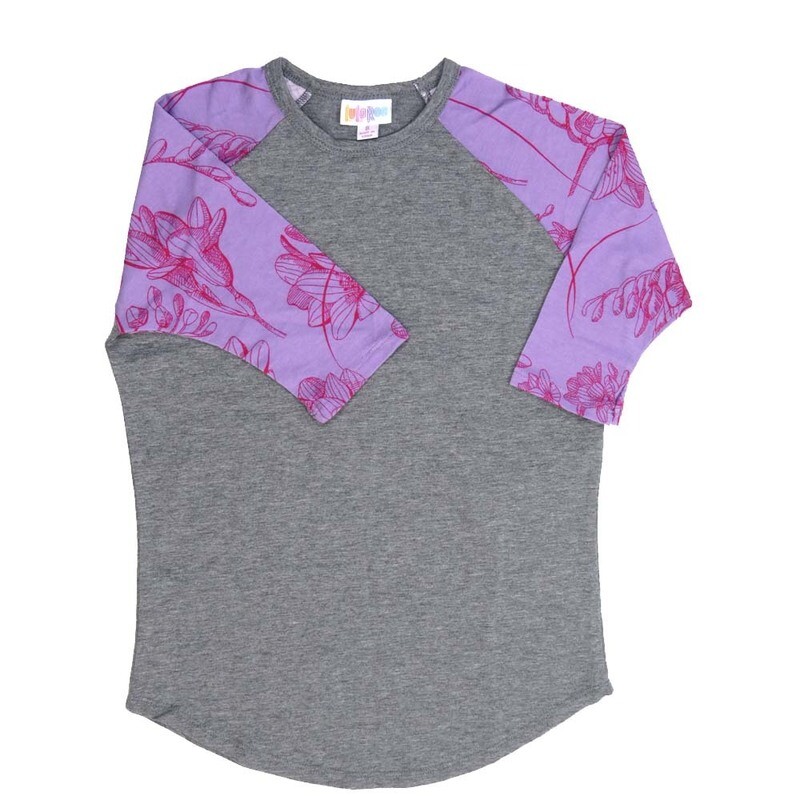LuLaRoe Kids Sloan Size 08 (fits 7-8) Solid Gray with Orchids of Purple of Sleeves Unisex Baseball Raglan Tee SLOAN-08-D