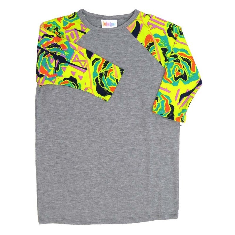 LuLaRoe Kids Sloan Size 08 (fits 7-8) Solid Gray with Roses Yellow Black Red Sleeves Unisex Baseball Raglan Tee SLOAN-08-A