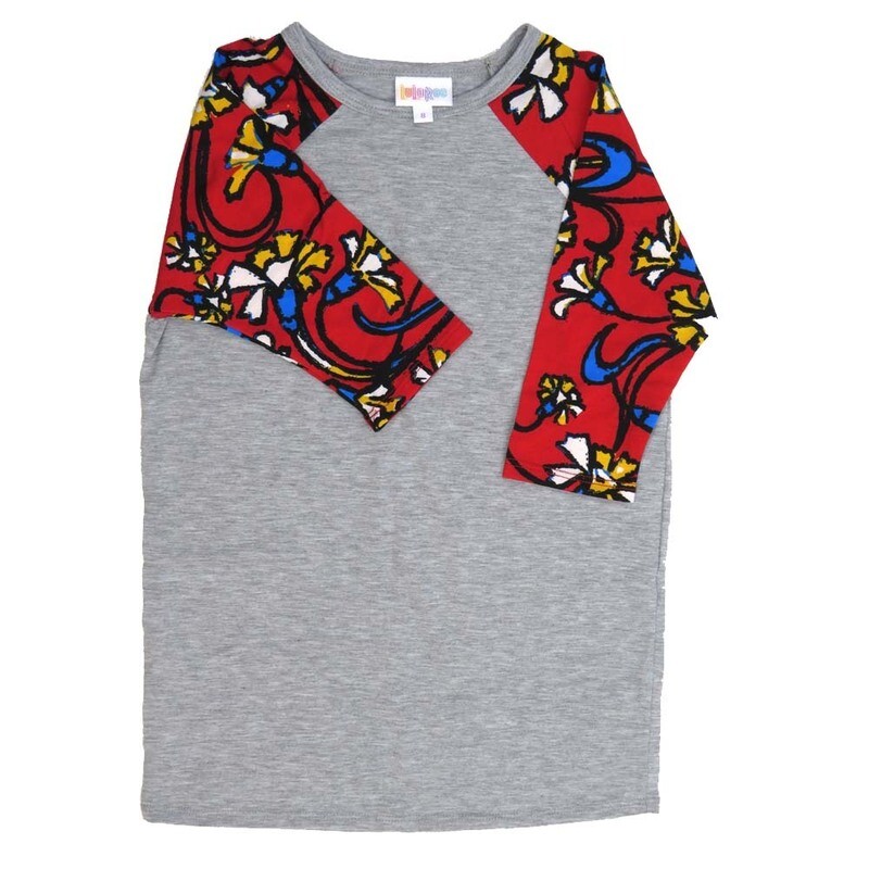 LuLaRoe Kids Sloan Size 08 (fits 7-8) Solid Light Gray with Crocus Flowers Red White Green Blue Sleeves Unisex Baseball Raglan Tee SLOAN-08-I