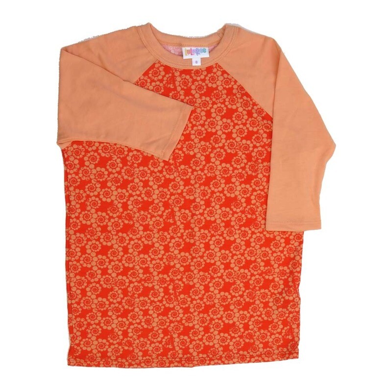 LuLaRoe Kids Sloan Size 08 (fits 7-8) Spiral Red and Pink with Pink Sleeves Unisex Baseball Raglan Tee SLOAN-08-B