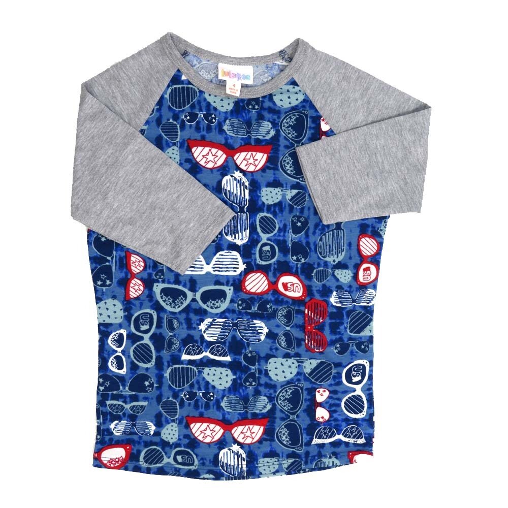 LuLaRoe Kids Sloan Size 04 (fits 3-4) Americana USA Sunglasses Blue White Red with Light Gray Sleeves Unisex Baseball Raglan Tee SLOAN-04-B