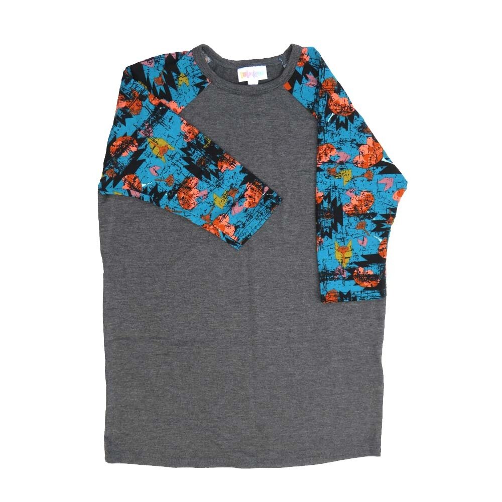 LuLaRoe Kids Sloan Size 10 (fits 8-10) Solid Gray with Geometric Black Blue Green Sleeves Unisex Baseball Raglan Tee SLOAN-10-I