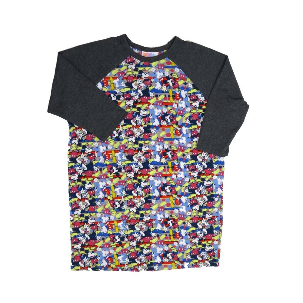 LuLaRoe Kids Sloan Size 12 (fits 12-14) Disney Mickey Mouse Jazz Hands Multicolor with Dark Gray Sleeves Unisex Baseball Raglan Tee SLOAN-12-C