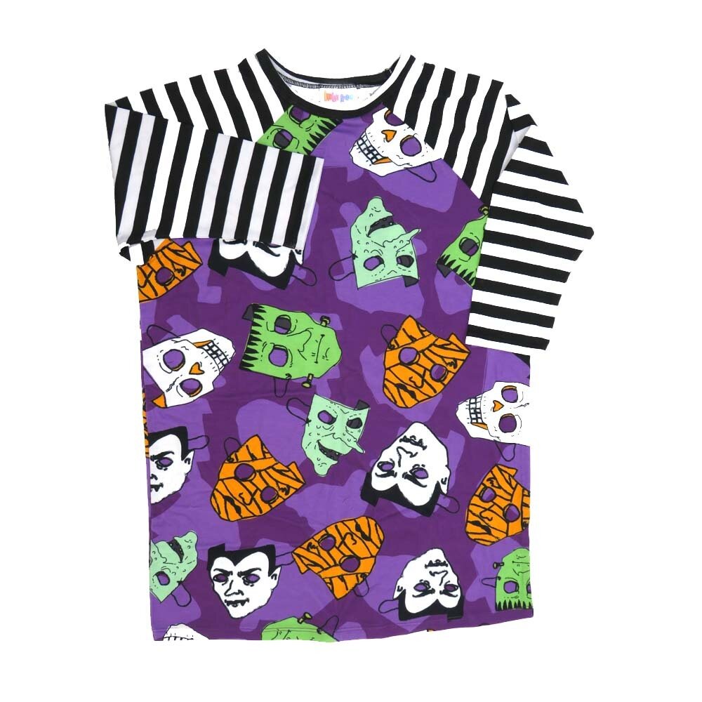 LuLaRoe Kids Sloan Size 12 (fits 12-14) Halloween Masks Mummy Frankenstein Skull Blue Green w/ Black White Stripe Sleeves Unisex Tee SLOAN-12-G