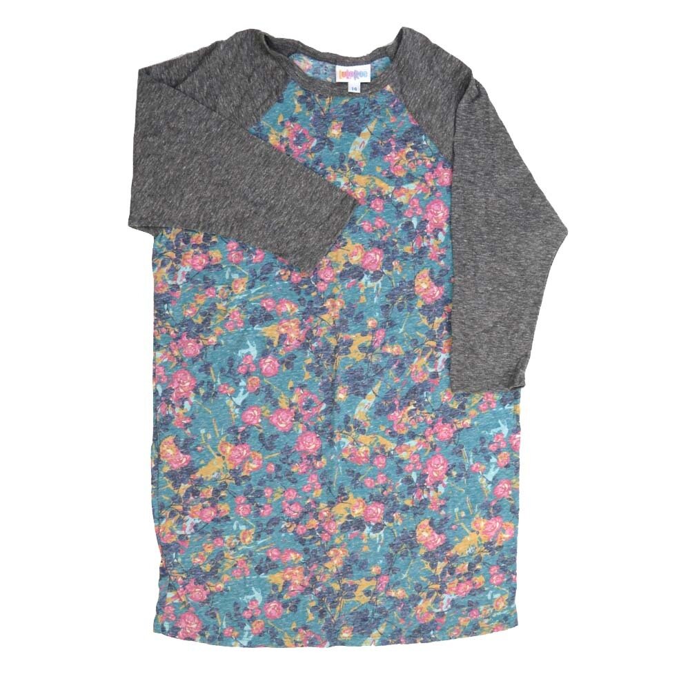 LuLaRoe Kids Sloan Size 14 (fits 14-16) Floral Gray Green Purple with Gray Sleeves Unisex Baseball Raglan Tee SLOAN-14-B