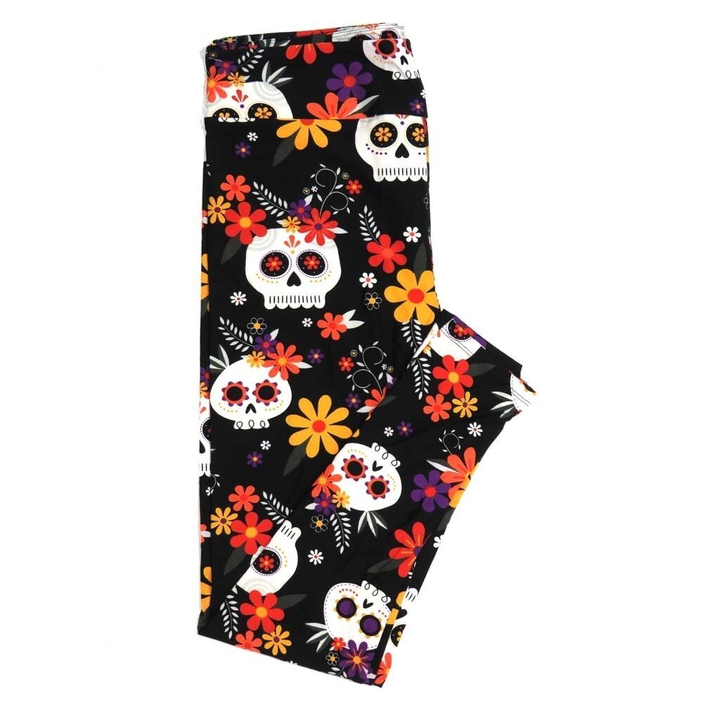 LuLaRoe Tween TW Halloween Dia de los Muertos Sugar Skulls Floral Black White Green Red Magenta Womens Buttery Soft Leggings fits Adult Adults 00-0  081665