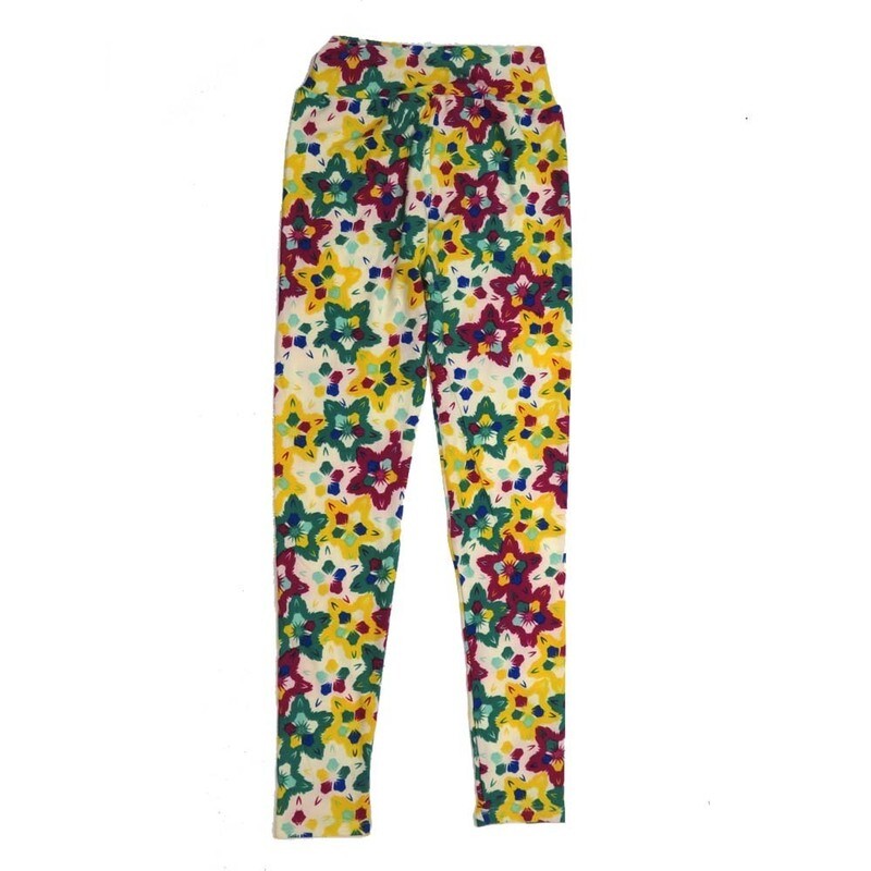 LuLaRoe Tween Floral Hybiscus White Yellow Blue Magenta Leggings fits Adult sizes 00-0 TWEEN-3392-C