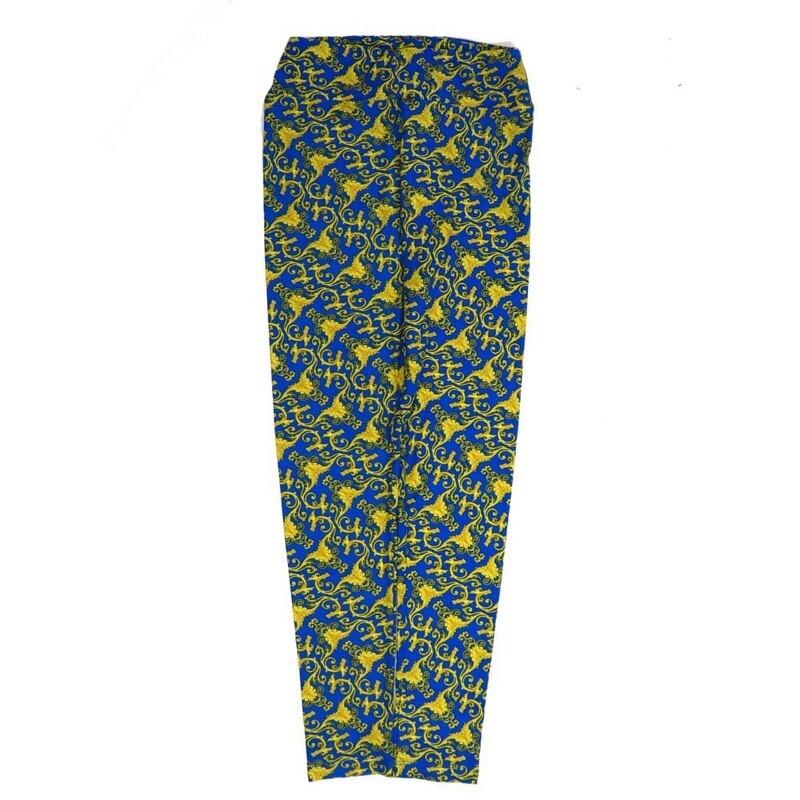 LuLaRoe One Size OS Fleur de Lis Blue Yellow OS-4422-P2  Buttery Soft Womens Leggings fits Adults 2-10