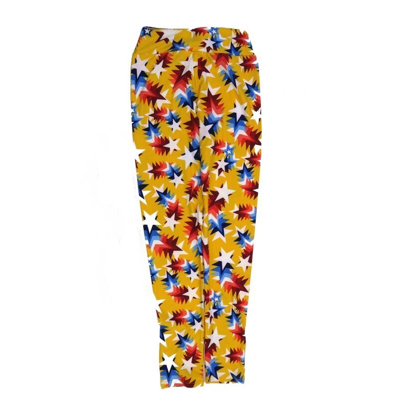 LuLaRoe Tween Americana USA Shooting Stars Yellow Blue White Black Red Leggings fits Adult sizes 00-0 TWEEN-3400-ZG