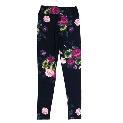 LuLaRoe Tween Roses Black Yellow Pink Leggings fits Adult sizes 00-0 TWEEN-3390-L2