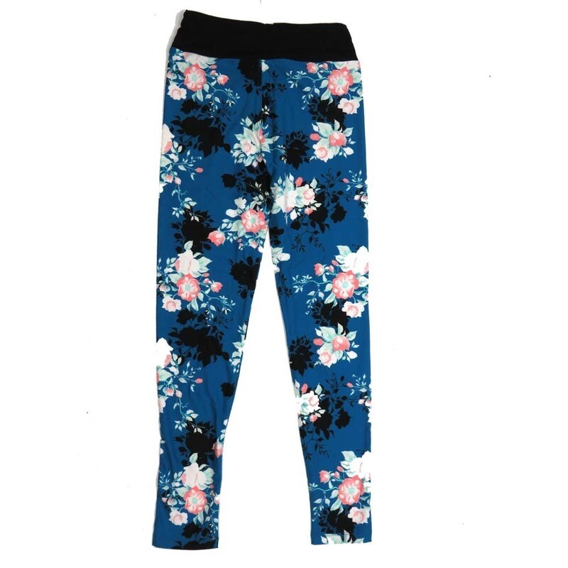 LuLaRoe Tween Roses Blue White with Black Waist Band Leggings fits Adult sizes 00-0 TWEEN-3389-J3