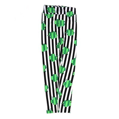 LuLaRoe Tween Lucky Irish Shamrock 4 leaf Clover Green Black White Stripe Leggings fits Adult sizes 00-0 TWEEN-3400-R