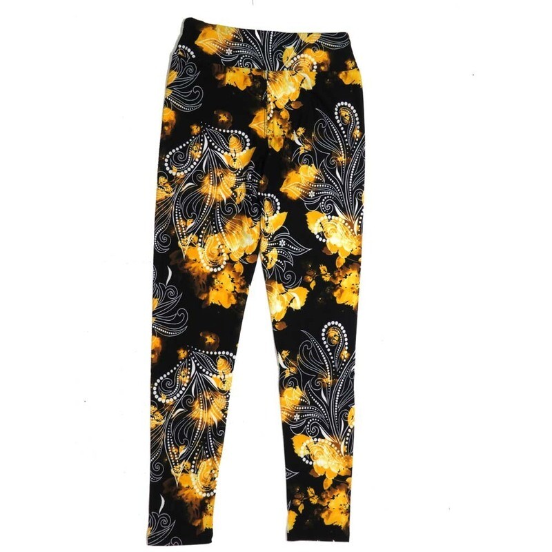 LuLaRoe Tween Paisley Floral Black White Yellow Leggings fits Adult sizes 00-0 TWEEN-3391-P2