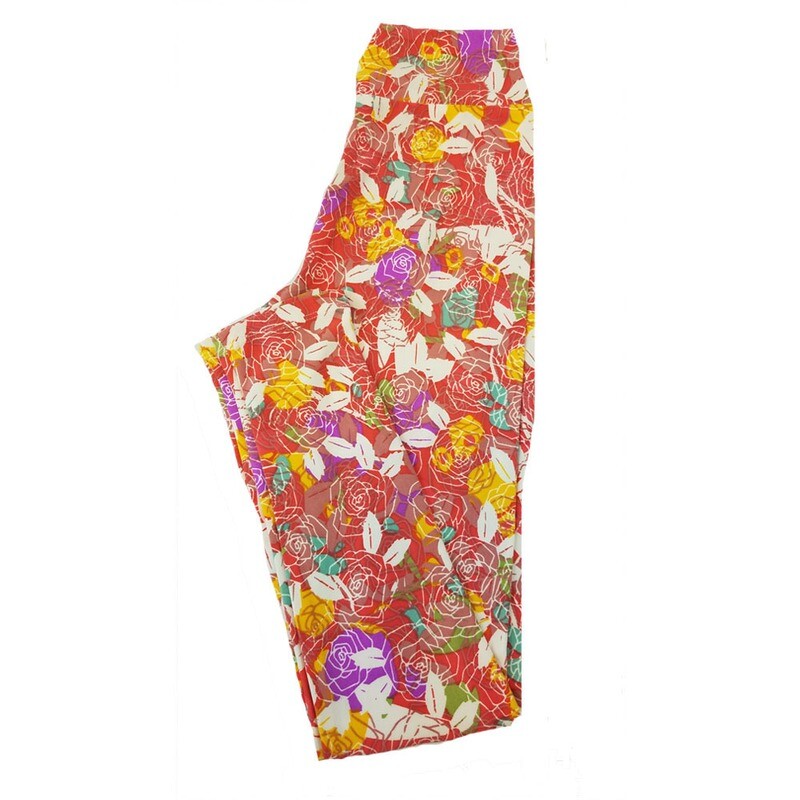 LuLaRoe Tween Roses Red Pink Peach Yellow Leggings fits Adult Adult Sizes 00-0