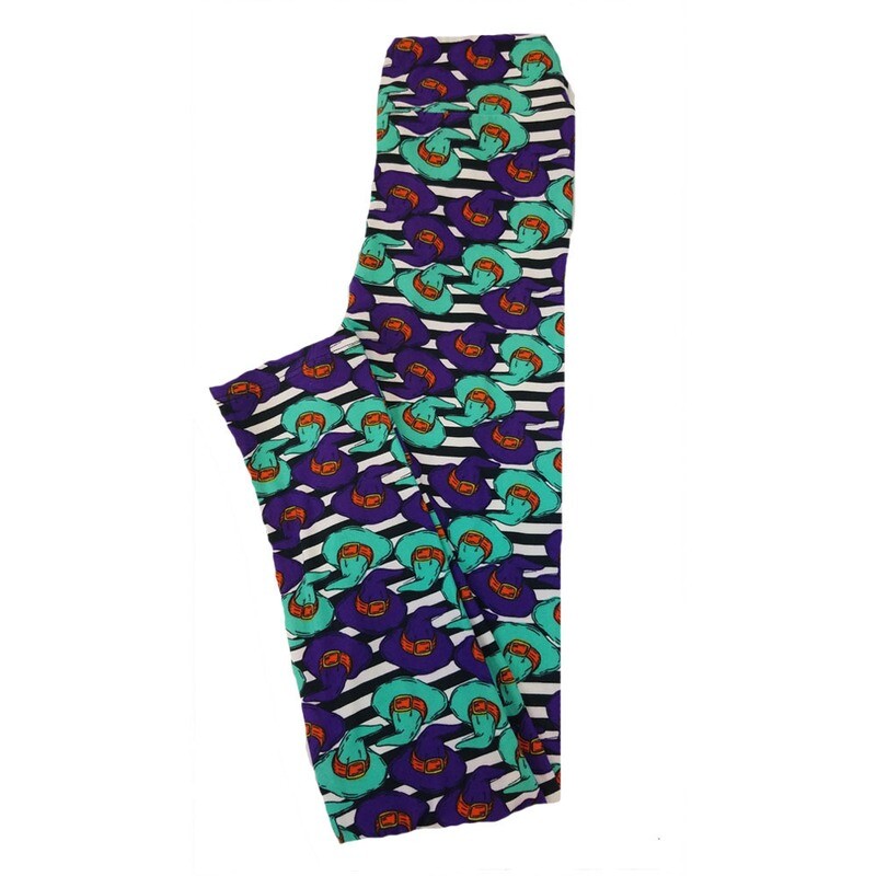 LuLaRoe Tween TW Halloween Witches Hats Black White Blue Stripe Leggings fits Adult Adult Sizes 00-0