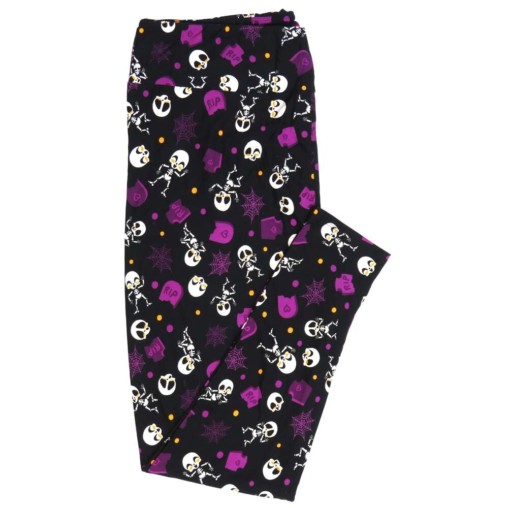 LuLaRoe TCTWO TC2 Halloween Dancing Skeletons RIP Spiderwebs Graves Black White Purple 9050-ZP Buttery Soft Leggings fits Adult Women sizes 18+