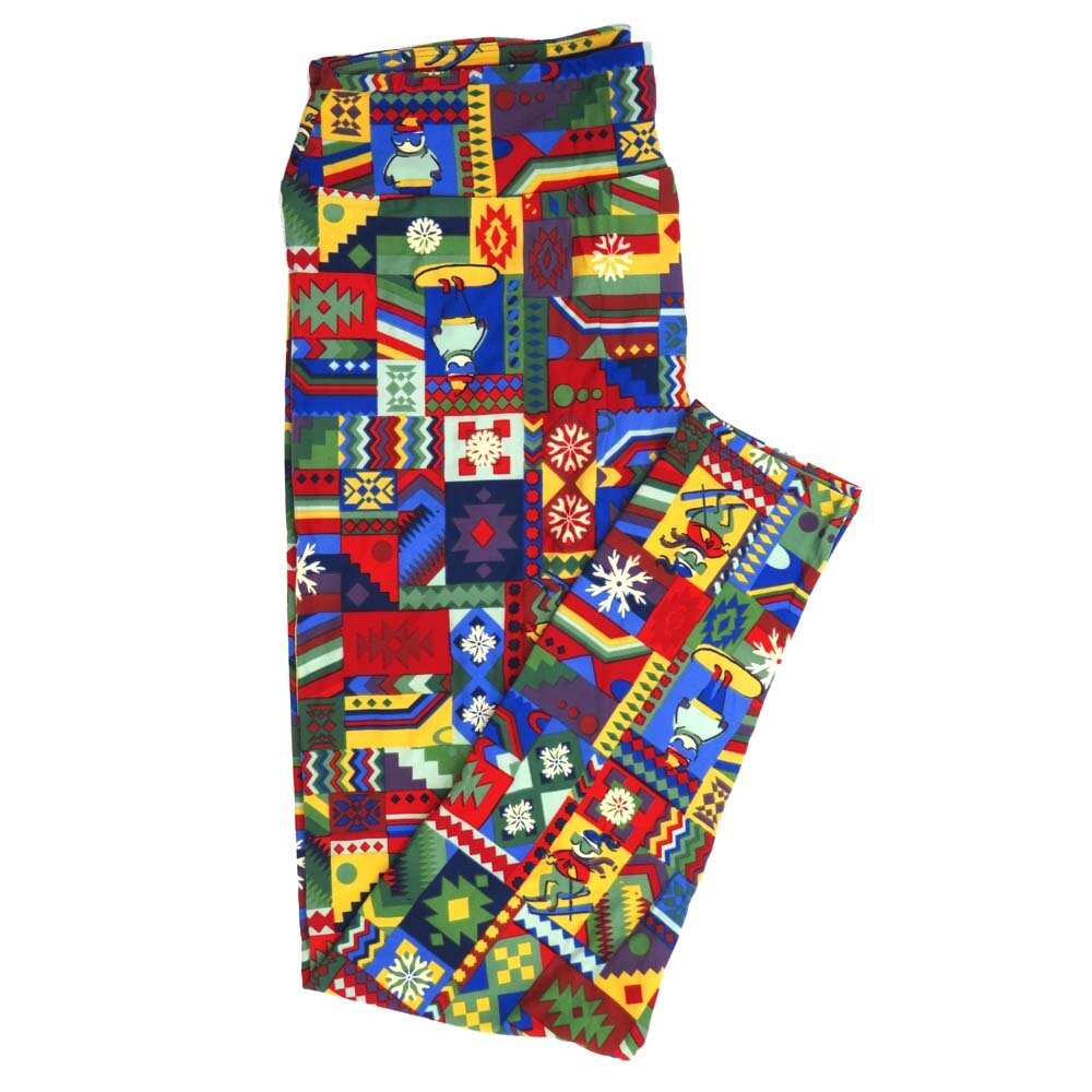 LuLaRoe TCTWO TC2 Christmas Holiday Skiers Skaters Snowflakes Patchwork Red Blue White Green Yellow 9053-ZL Buttery Soft Leggings fits Adult Women sizes 18+