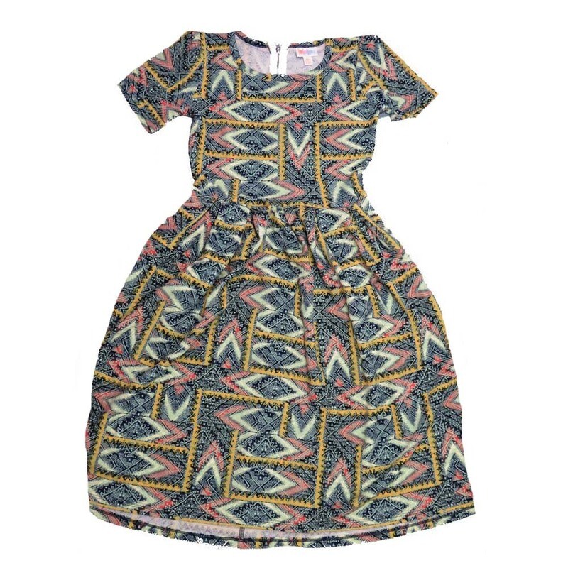 LulaRoe AMELIA a XX-Small Geomtric Patchwork Southwestern Aztec Black Cream Gray Green AMELIA-A-XXS-200 Full Skirt Pleated Hidden Pocket Dress XXS fits Women sizes 00-0