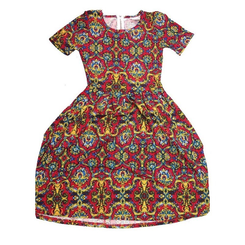 LulaRoe AMELIA a XX-Small Geometric 70&#39;s Trippy Ornate Floral Red Yellow Black Blue AMELIA-A-XXS-208 Full Skirt Pleated Hidden Pocket Dress XXS fits Women sizes 00-0