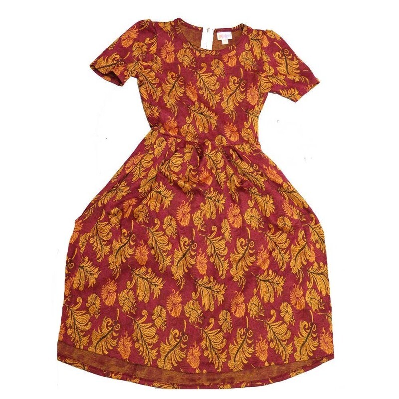 LulaRoe AMELIA a XX-Small Fern Leaves Red Gold AMELIA-A-XXS-203 Full Skirt Pleated Hidden Pocket Dress XXS fits Women sizes 00-0