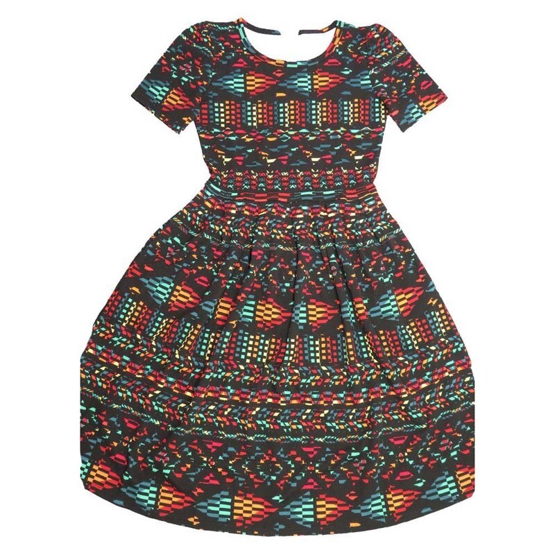 LulaRoe AMELIA a XX-Small Geometric Hash Ticks Polka Dot Stripe AMELIA-A-XXS-218 Full Skirt Pleated Hidden Pocket Dress XXS fits Women sizes 00-0