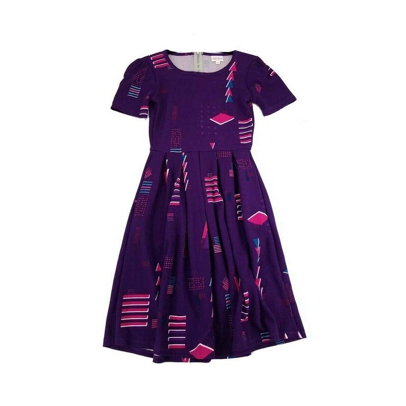 LulaRoe AMELIA a XX-Small Geometric Polka Dot Blue Fuchsia White AMELIA-A-XXS-204 Full Skirt Pleated Hidden Pocket Dress XXS fits Women sizes 00-0