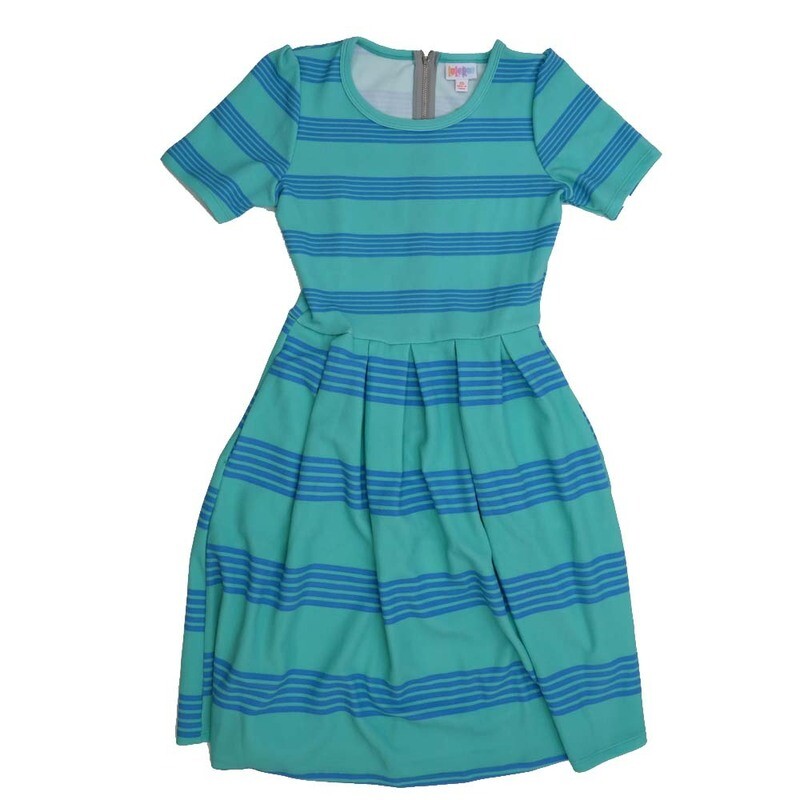 LulaRoe AMELIA b X-Small XS Multi Stripe Gray and Blue AMELIA-B-XS-201 Full Skirt Pleated Hidden Pocket Dress XS fits Women sizes 2-4