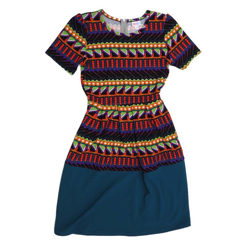 LulaRoe AMELIA d Medium M Stripe Geometric with Solid Bottom AMELIA-D-M-220 Full Skirt Pleated Hidden Pocket Dress M fits Women sizes 10-12