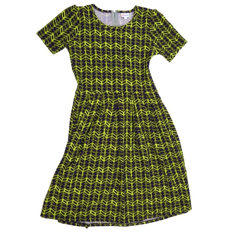 LulaRoe AMELIA d Medium M Zig Zag Herringbone Stripe Navy Yellow AMELIA-D-M-211B Full Skirt Pleated Hidden Pocket Dress M fits Women sizes 10-12