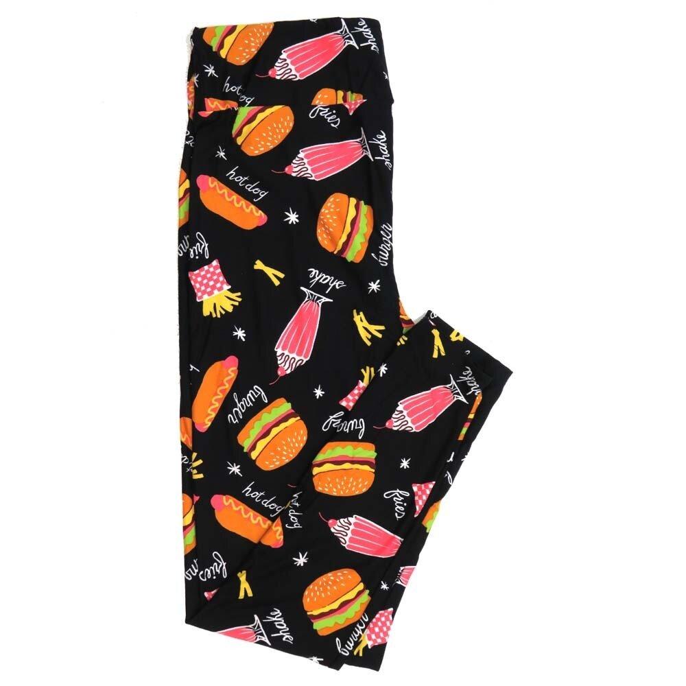 LuLaRoe Tall Curvy TC Diner Food French Fries Milkshakes Burgers Black with Yellow Pink and White Buttery Soft Leggings fits Adult Women sizes 12-18   249240