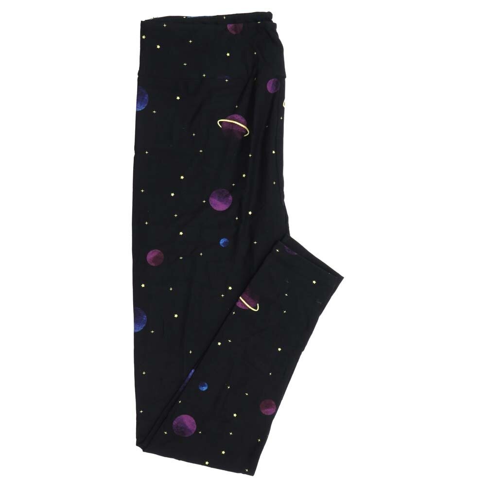 LuLaRoe Tall Curvy TC Planets Saturn Stars Space Black with Blue Purple Pink and Yellow Buttery Soft Leggings fits Adult Women sizes 12-18   397838