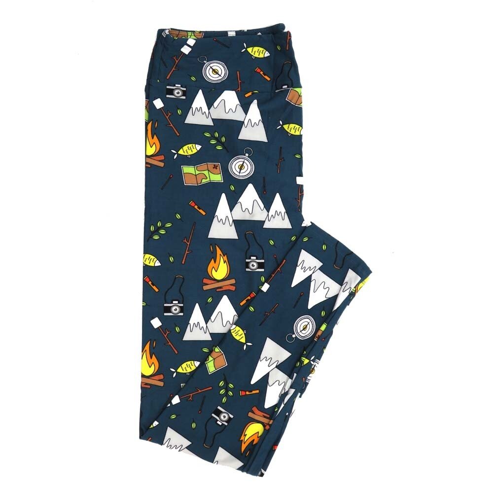 LuLaRoe Tall Curvy TC Camping Mountains Maps Fish Fires Flashlights Slate Blue White Gray Black Green Buttery Soft Leggings fits Adult Women sizes 12-18   304735