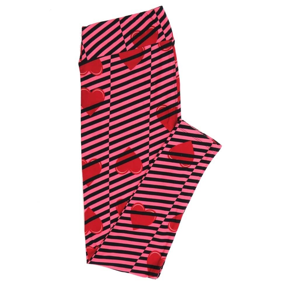 LuLaRoe Tall Curvy TC Valentines Black Pink Red Stripe Hearts Buttery Soft Leggings fits Adult Women sizes 12-18   TC-7354-T