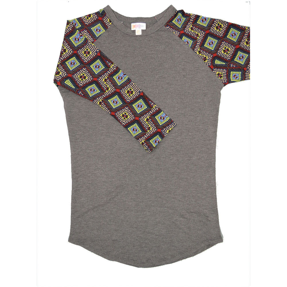 LuLaRoe RANDY a XX-Small XXS Dark Gray with Navy Yellow Maroon Geometric Raglan Sleeve Unisex Baseball Tee Shirt XXS fits 00-0
