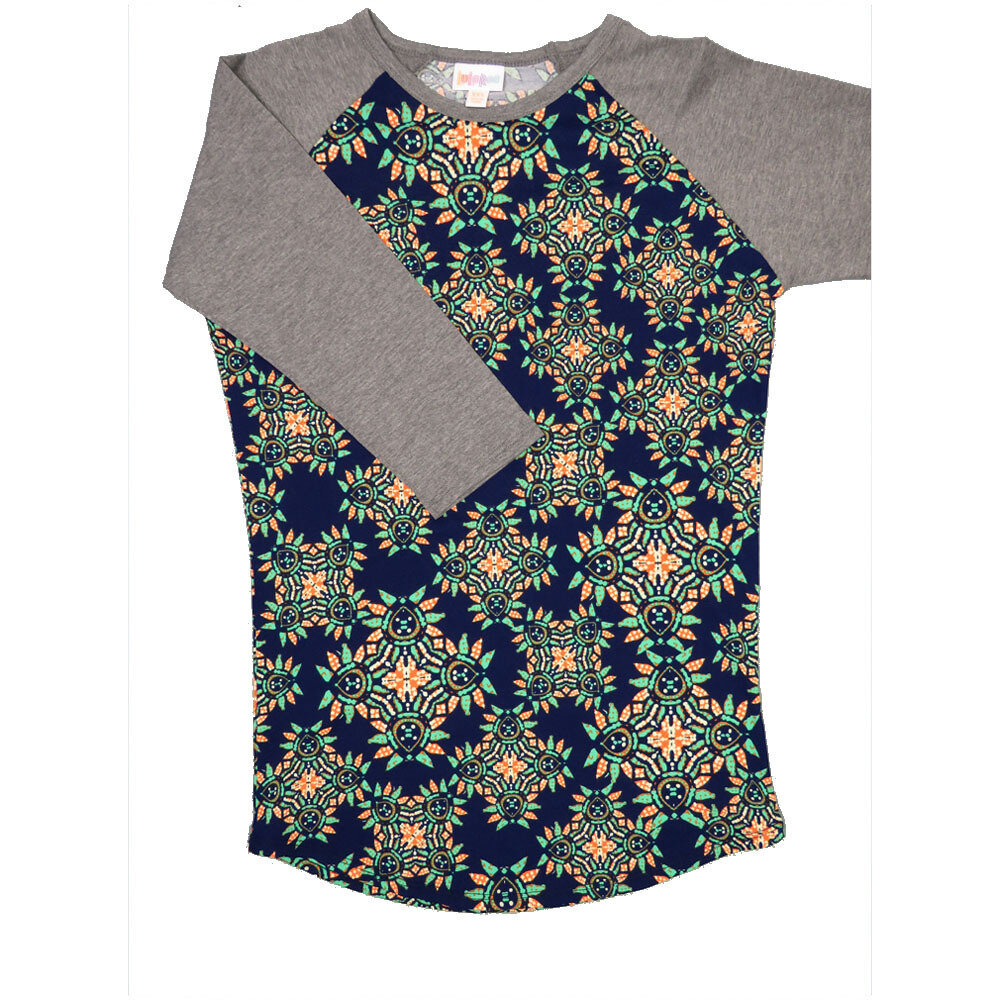 LuLaRoe RANDY a XX-Small XXS Geometric Navy Orange Green with Gray Raglan Sleeve Unisex Baseball Tee Shirt XXS fits 00-0