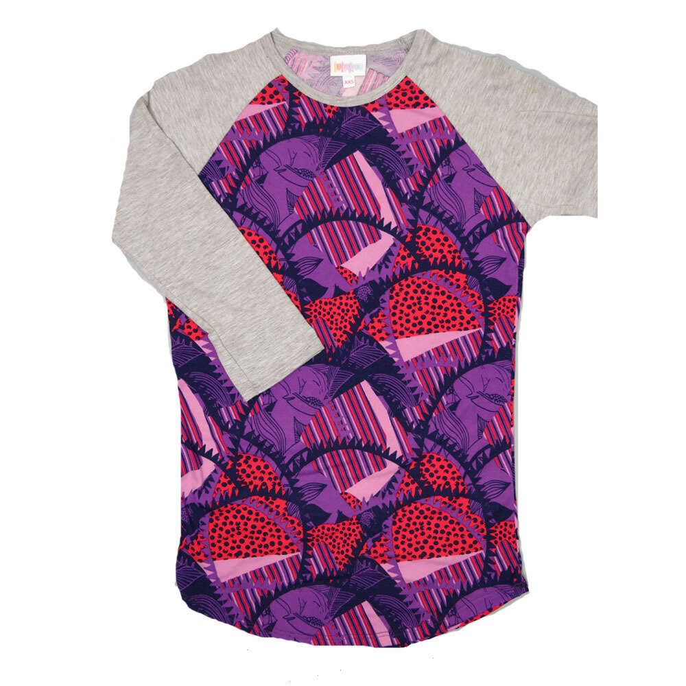 LuLaRoe RANDY a XX-Small XXS Purple Pink Lavender Geometric with Gray Raglan Sleeve Unisex Baseball Tee Shirt XXS fits 00-0