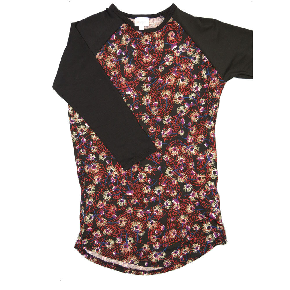 LuLaRoe RANDY a XX-Small XXS Floral Black Blue Gray Paisley with Black Raglan Sleeve Unisex Baseball Tee Shirt XXS fits 00-0
