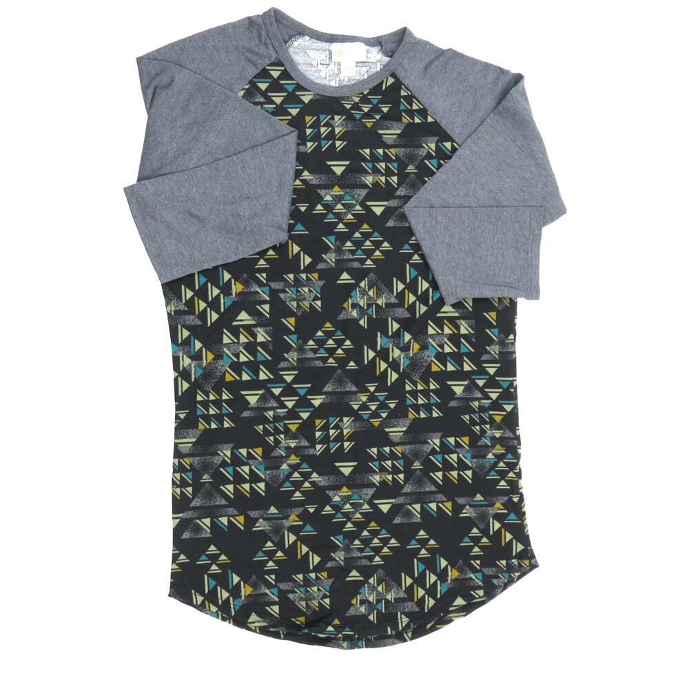 LuLaRoe RANDY a XX-Small XXS Geometric Triangles Black Green Gray Raglan Sleeve Unisex Baseball Tee Shirt XXS fits 00-0