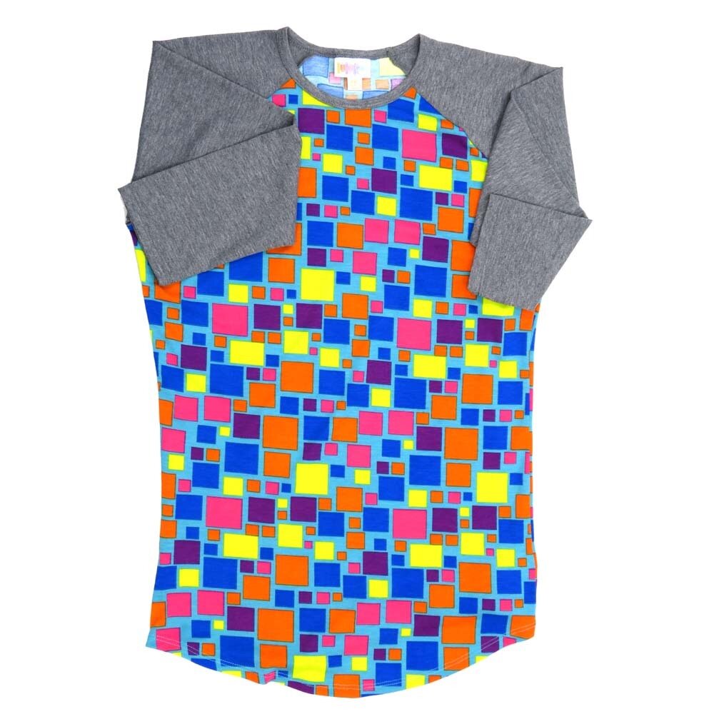 LuLaRoe RANDY a XX-Small XXS Geometric Squares Rainbow Colors Gray Raglan Sleeve Unisex Baseball Tee Shirt XXS fits 00-0