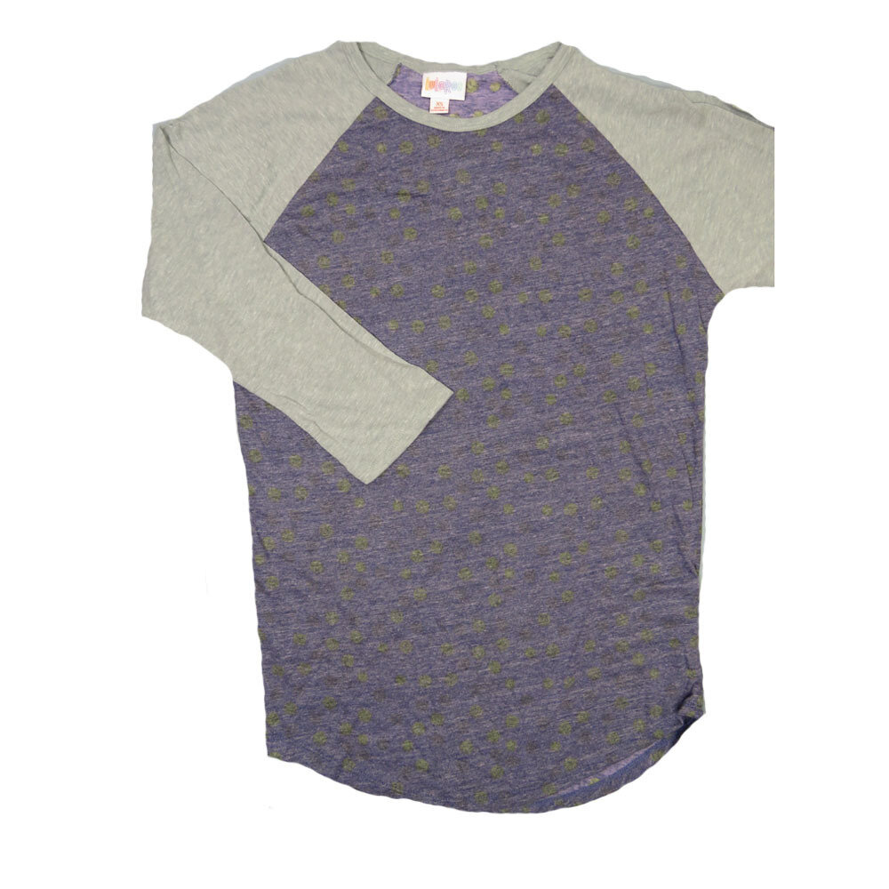 LuLaRoe RANDY b X-Small XS Heathered Purple Gray Polka Dot with Gray Raglan Sleeve Unisex Baseball Tee Shirt XS fits 2-4