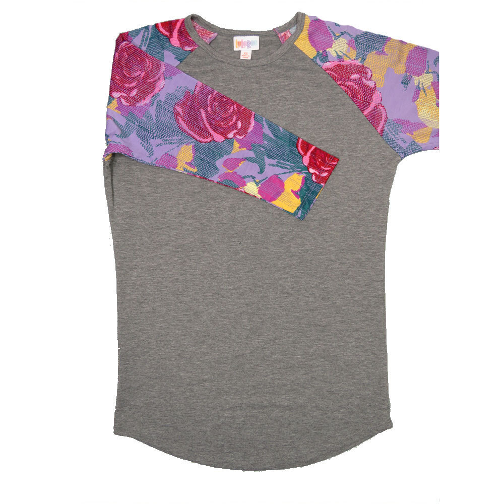 LuLaRoe RANDY b X-Small XS Gray with Purple Red Yellow Roses Raglan Sleeve Unisex Baseball Tee Shirt XS fits 2-4