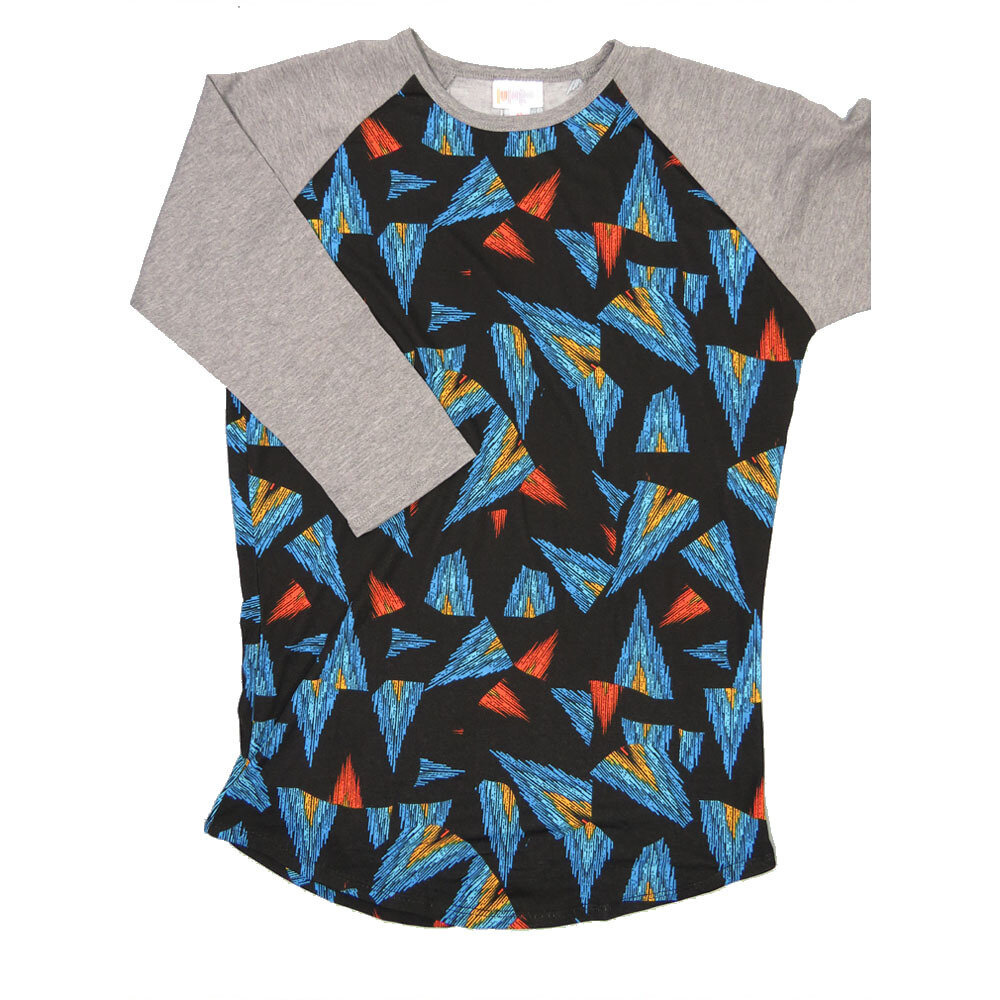 LuLaRoe RANDY b X-Small XS Black Blue Orange Geometric with Gray Raglan Sleeve Unisex Baseball Tee Shirt XS fits 2-4
