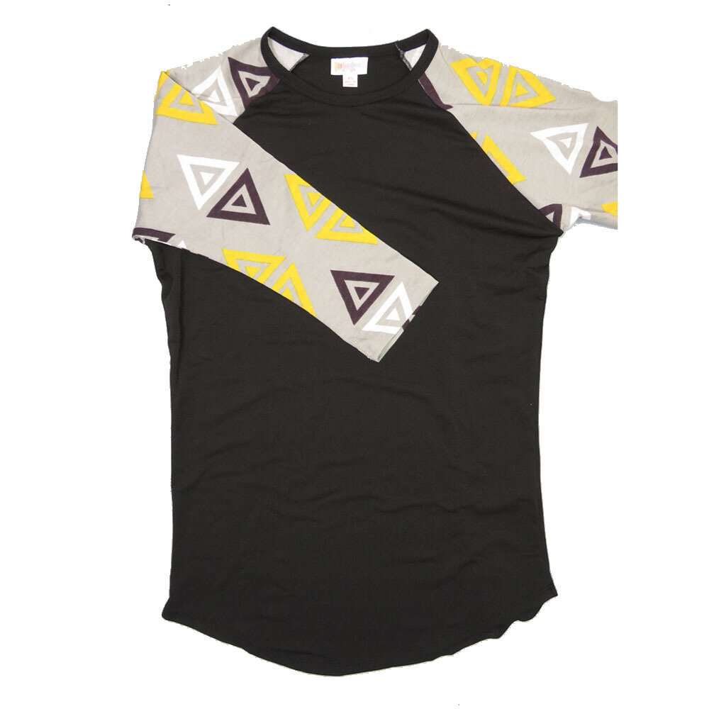 LuLaRoe RANDY b X-Small XS Black with Light Gray Yellow White Geometric Raglan Sleeve Unisex Baseball Tee Shirt XS fits 2-4