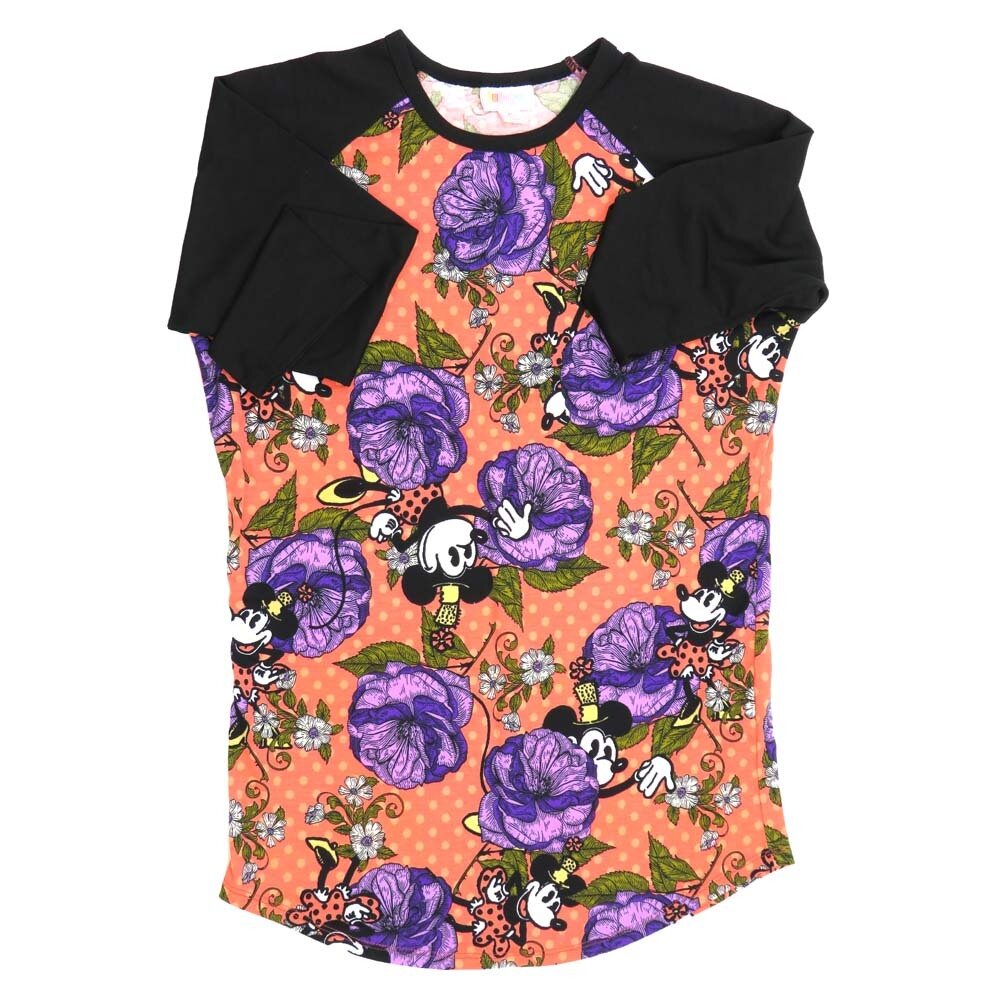 LuLaRoe RANDY b X-Small XS Disney Minnie Mouse Polka Dot Floral Black Pink White Raglan Sleeve Unisex Baseball Tee Shirt XS fits 2-4