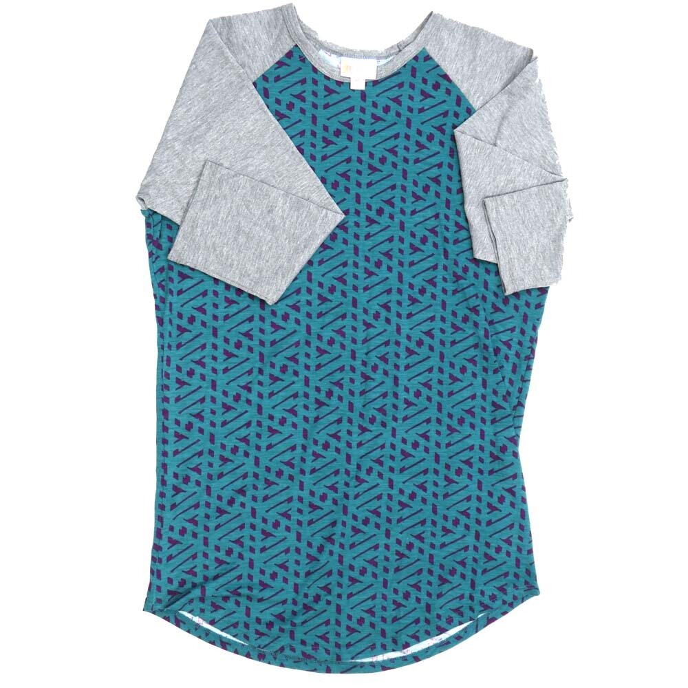 LuLaRoe RANDY b X-Small XS Trippy 70s Geometric Blue Gray Raglan Sleeve Unisex Baseball Tee Shirt XS fits 2-4