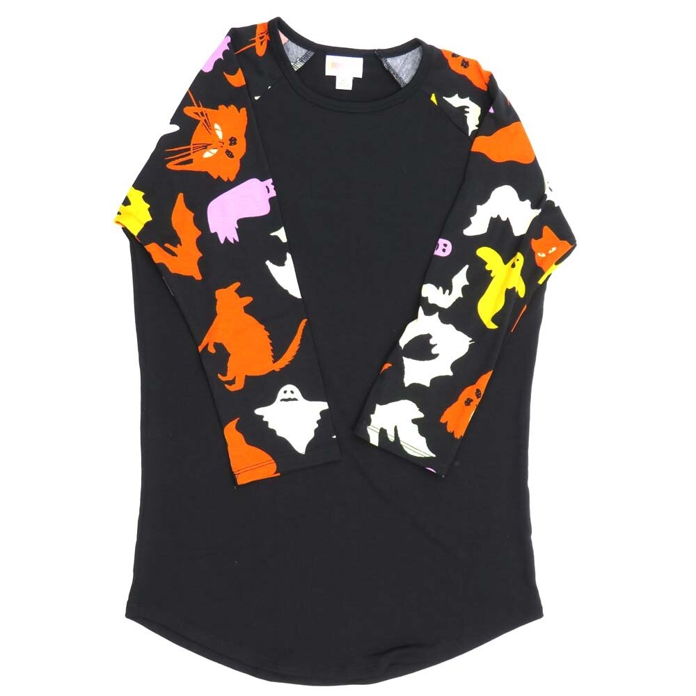 LuLaRoe RANDY b X-Small XS Halloween Ghosts Cats Bats Black White Orange Yellow Raglan Sleeve Unisex Baseball Tee Shirt XS fits 2-4