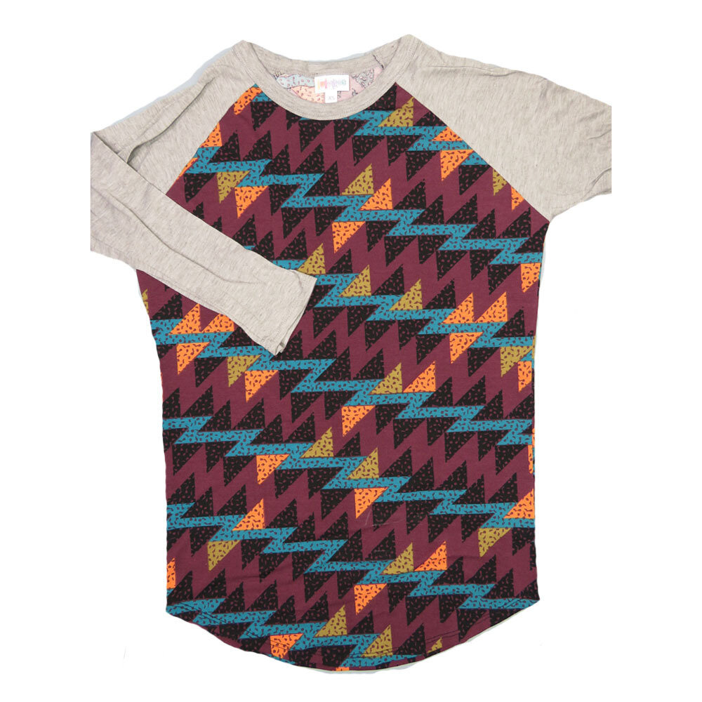LuLaRoe RANDY b X-Small XS Maroon Black Coral Geometric with Gray Raglan Sleeve Unisex Baseball Tee Shirt XS fits 2-4