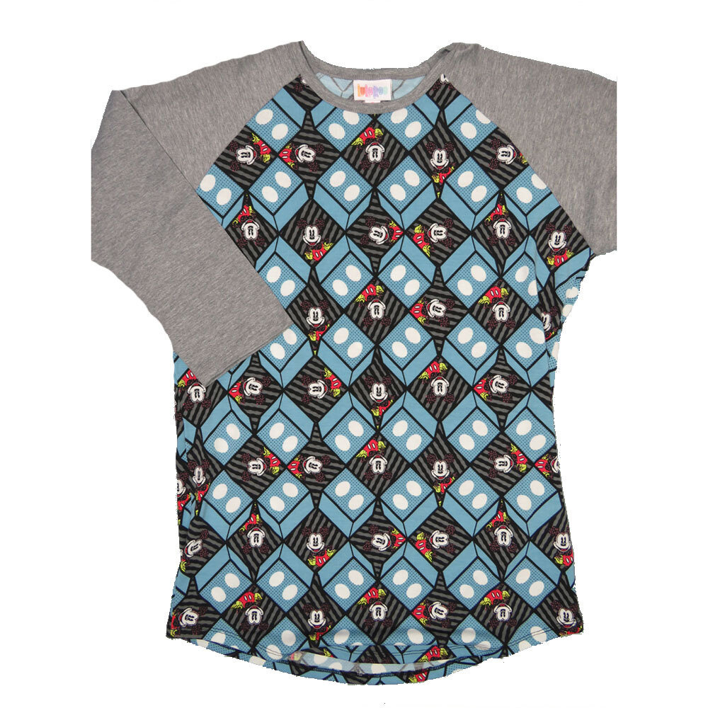 LuLaRoe RANDY c Small S Disney Mickey Mouse Slate Blue Gray Black Geometric Blocks with Gray Raglan Sleeve Unisex Baseball Tee Shirt S fits 6-8