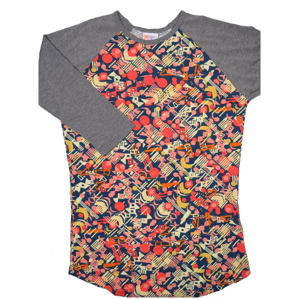 LuLaRoe RANDY c Small S Navy Coral Pink Cream Geometric with Gray Raglan Sleeve Unisex Baseball Tee Shirt S fits 6-8